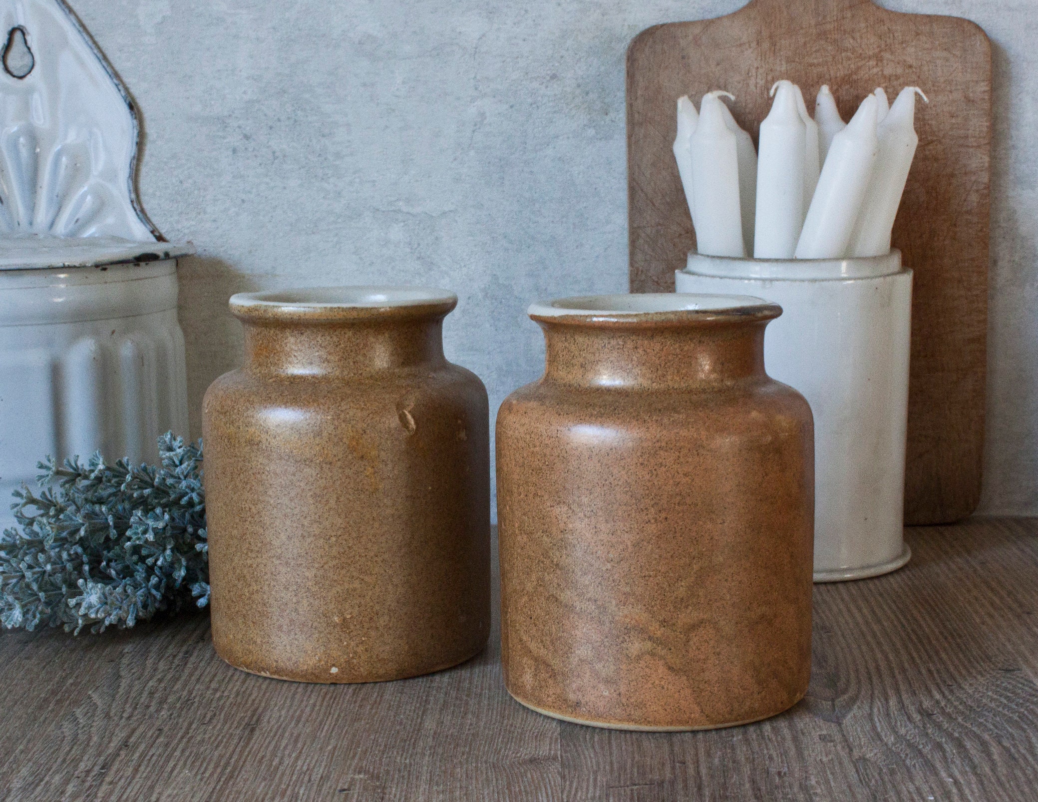 Ensemble de 2 Pots à Moutarde Anciens en Grès Vernissé Tons Marron