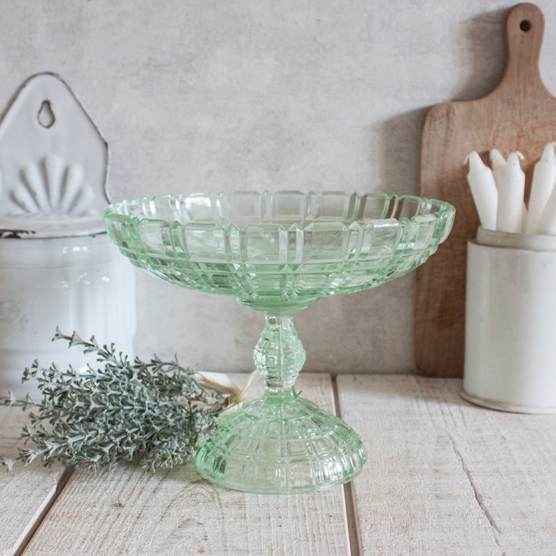Vintage French Uraline Green Glass Compotier image 1