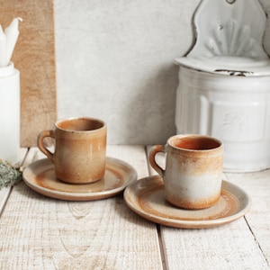 Set of 2 Vintage French GRES de MARAIS Glazed Beige & ocher Stoneware Coffee Cups and saucers