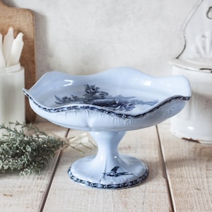 May include: A light blue ceramic cake stand with a scalloped edge and a detailed floral and bird design. The stand has a dark blue trim and a bird illustration on the base. A decorative piece for serving cakes and pastries.
