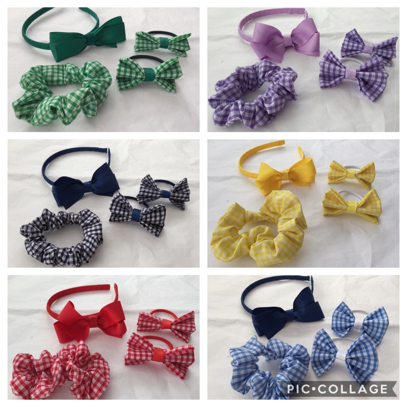 Pair Gingham Ribbon School Hair Bow Green//White Double Layered Hair Bow 4”approx
