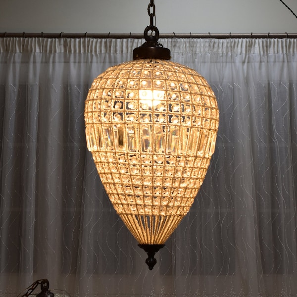 French Empire Bronze Conic Crystal Chandelier Basket Pendant Lighting, Vintage Appearance