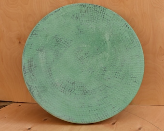 Handcrafted Hammered Copper Table Top: Green Patina Fire Art