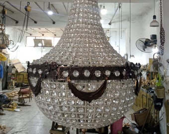 French Crystals Chandelier Bronze Basket Bowl Ceiling Light Pendant Lighting Glass Lamp