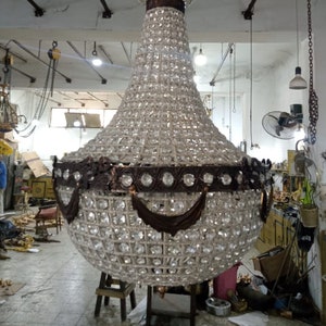 French Crystals Chandelier Bronze Basket Bowl Ceiling Light Pendant Lighting Glass Lamp