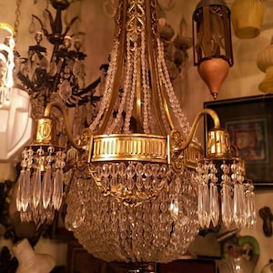 Empire Style Brass and Crystal Chandelier - Antique French Lighting Fixture