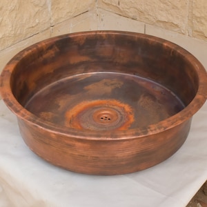 Round Satin Copper Sink Bathroom Smooth | Kitchen Sink, Solid Handmade sink Undermount Drop-in | Drain Cover Included