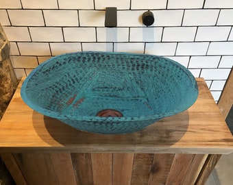 Hand Hammered Copper Vessel Sink: Rustic Green Patina Washbasin