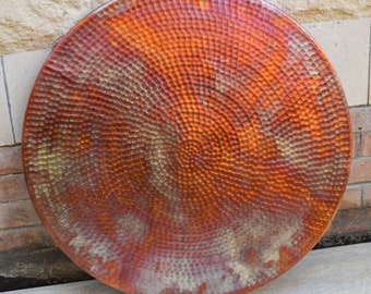 Hand Hammered Pure Copper Table Top: Rainbow Fire Art, Round Luxury Furniture