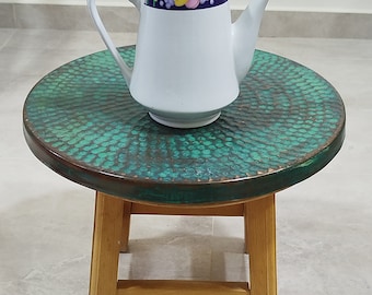 Handcrafted Hammered Copper Table Top: Green Patina Fire Art Furniture