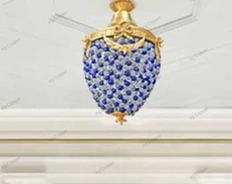 Lámpara de techo con cuentas de flores sopladas a mano francesas, candelabro de cristal + baldaquín + cadena