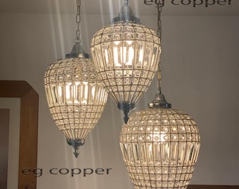French Empire Bronze Conic Crystal Chandelier Basket Pendant Lighting, Vintage Appearance