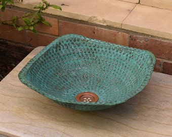 Hammered Copper Square Bathroom Vessel Sink Bathroom kitchen, Green Patina, rustic, Polished *Drain Included*