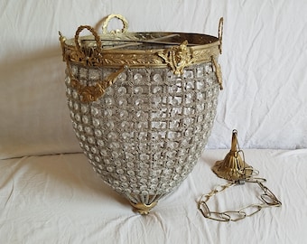 Candelabro de cristal de latón con forma de cesta, colgante de cuentas transparentes, iluminación de techo, decoración + dosel + cadena