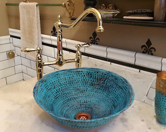 Lavabo de cobre hecho a mano: lavabo de baño con pátina verde (desagüe incluido)