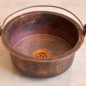 Pan Bucket Hand Round Hammered Rustic Copper Sink Vessel Bathroom Natural Style Virgin Washbasin, Hammered Bowl *Drain Included*