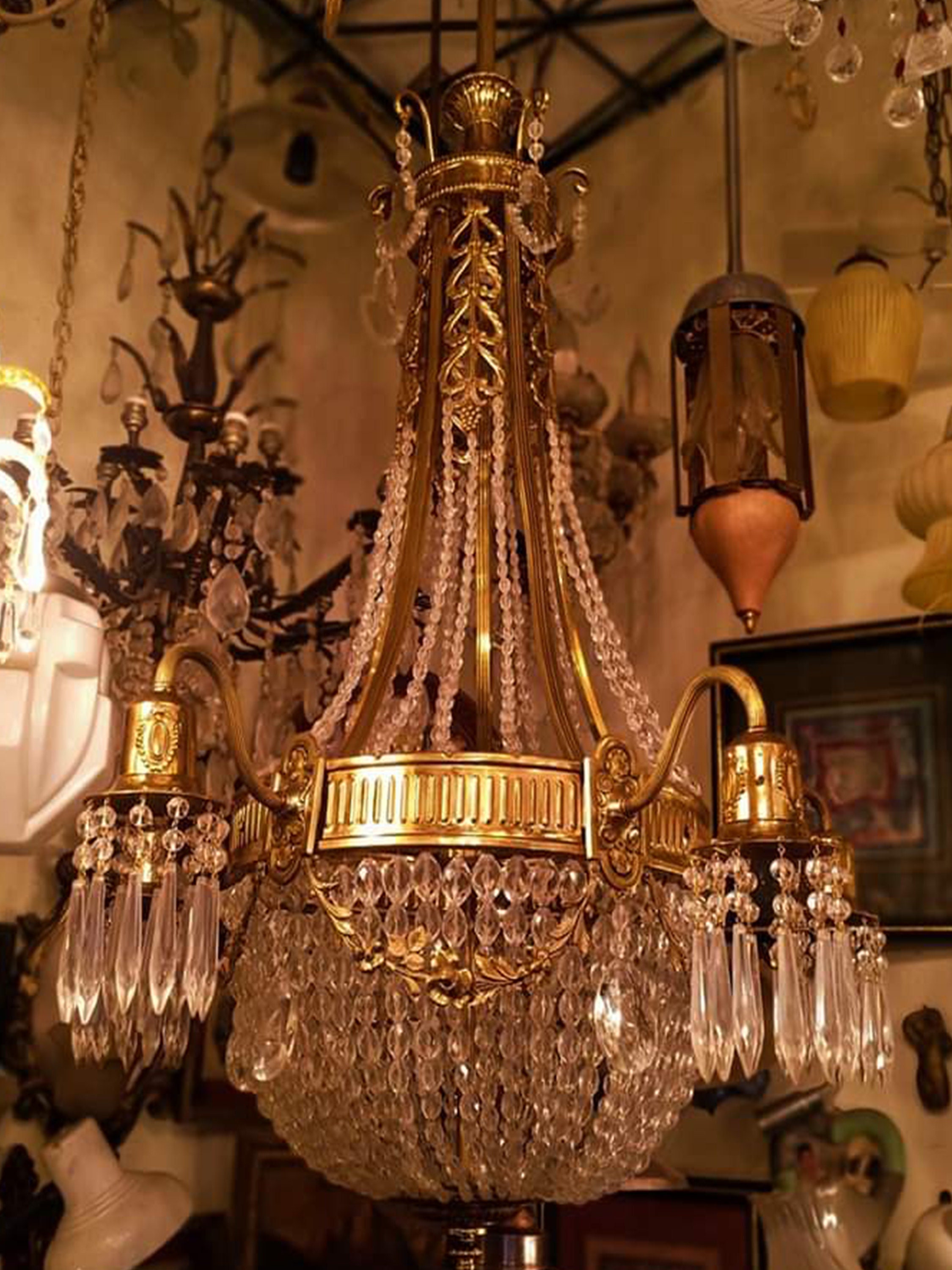 Empire Style Brass and Crystal Chandelier - Antique French Lighting Fixture