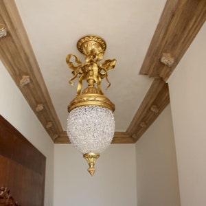 Brass Crystal Lantern entrance hall chandelier putti heads, Ceiling Lamp
