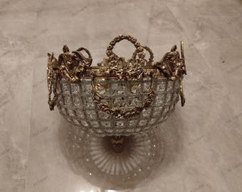 Lámpara de araña de cristal con canasta de cuentas de latón hecha a mano, luz empotrada, elegante luz de techo + baldaquín + cadena