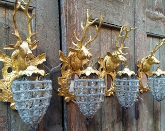 Par de apliques de ciervo de latón de 2 piezas: lámpara de cristal, iluminación de pared barroca