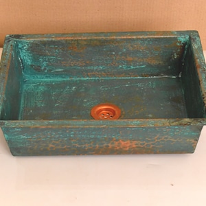 Green Patina Aged Rectangle Copper Kitchen Sink Industrial Hammer, Antique Style Vessel Sink Undermount, Drop In - Customize Available