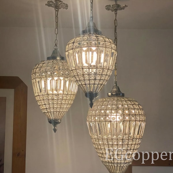 French Empire Bronze Conic Crystal Chandelier Basket Pendant Lighting, Vintage Appearance