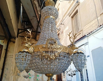 Lámpara de araña de cristal con forma de ciervo y cuentas hechas a mano: estilo imperio de latón
