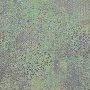 May include: A close-up of a textured, green and brown surface with a pattern of small, raised circles. The surface has a slightly metallic sheen.