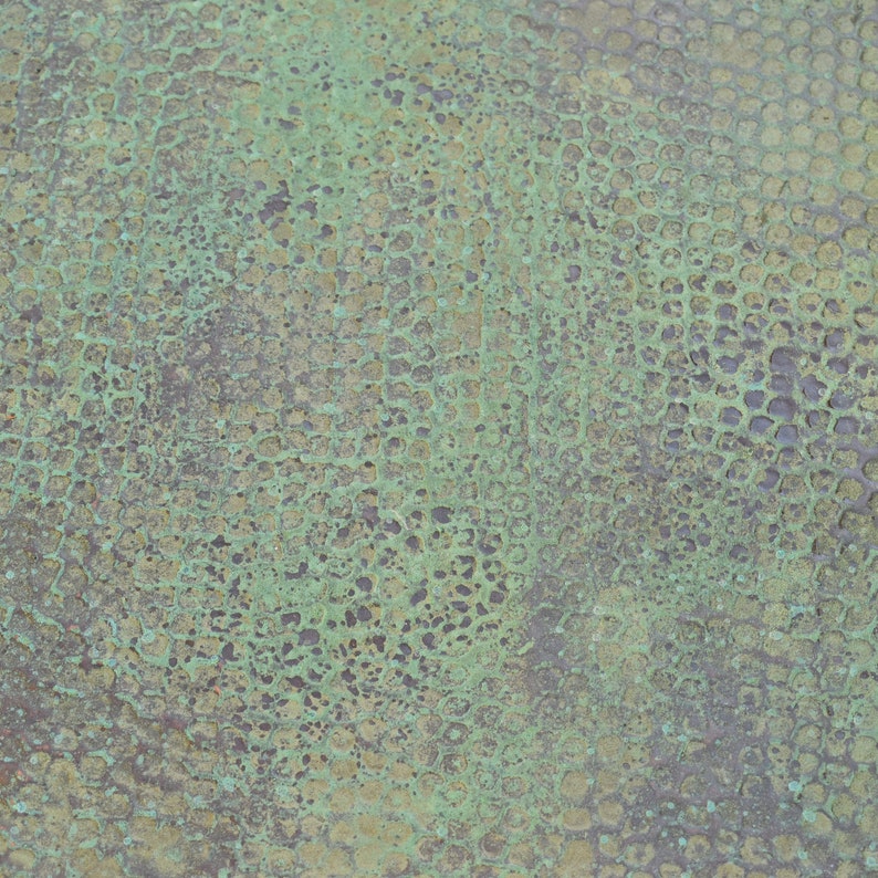 May include: A close-up of a textured, green and brown surface with a pattern of small, raised circles. The surface has a slightly metallic sheen.