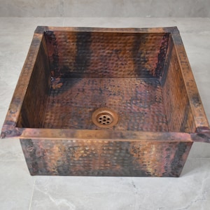 Square Hammered Pure Copper Sink kitchen, Virgin Undermount, Natural Style, Patina Finish Copper Farmhouse Vessel Sink - Includes Drain