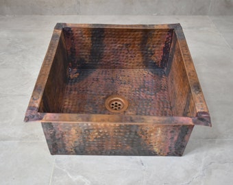 Square Hammered Pure Copper Sink kitchen, Virgin Undermount, Natural Style, Patina Finish Copper Farmhouse Vessel Sink - Includes Drain