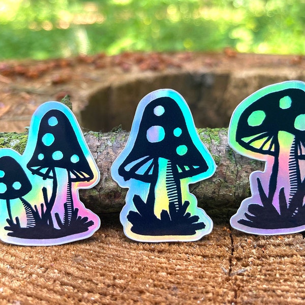 Holographic Mushroom Stickers / Mini Mushroom Sticker Pack / Waterproof Vinyl Stickers