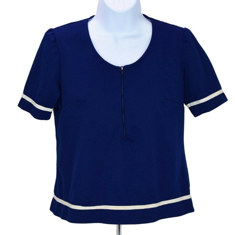 Vintage Montgomery Ward Womens Dressy 14 Front Zip Top Size Small Navy White