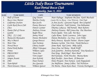 20-Teams Bocce Tournament / Round Robin & Single Elimination Brackets