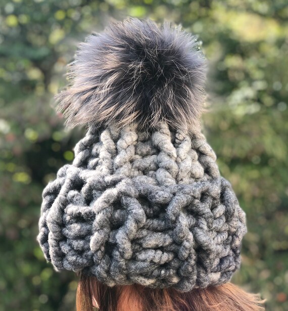 Grey Super Chunky Bulky Winter Fur Pompom Ribbed Hat - 100  display picture 3