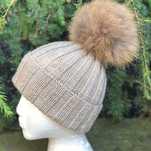 Ribbed Beige Beanie outlet Fur Pompom Hat - 100% Wool Hat - Handmade Knitted Fold Over Hat - Raccoon Pom Pom - READY TO SHIP - Women's Winter H