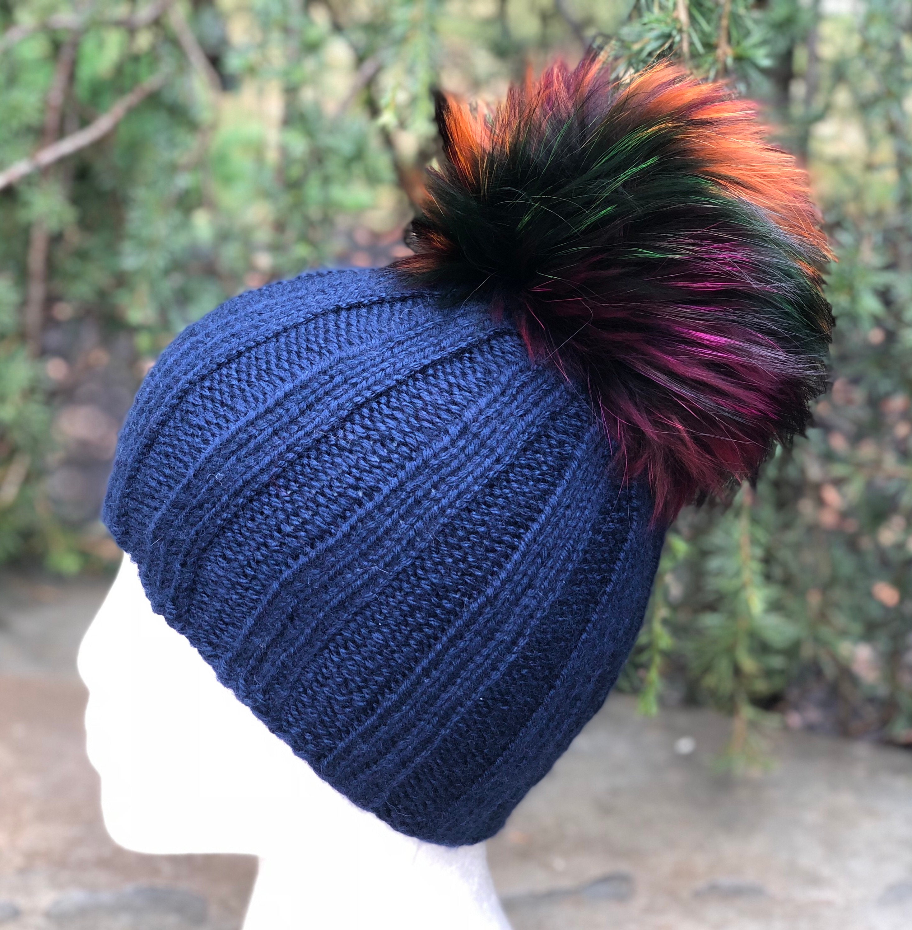 100% Cashmere Ribbed Beanie Fur Pompom Hat - Handmade 