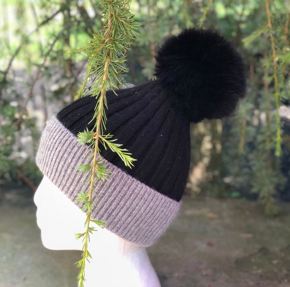 Grey Black Fur Pom Ribbed Foldover Knit Hat - Knit Hat With 
