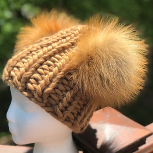 Chunky Bulky Mimi Wool Beanie Double Pompom Hat -100% Wool Hat - Handmade Knitted Hat - Raccoon Pom Pom - Women&#39;s Winter Hat