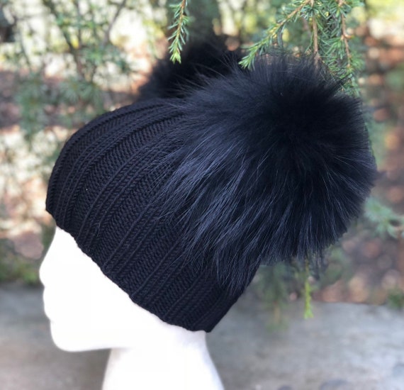 Ribbed Black Beanie Fur Pompom Hat - 100% Wool Hat  display picture 1
