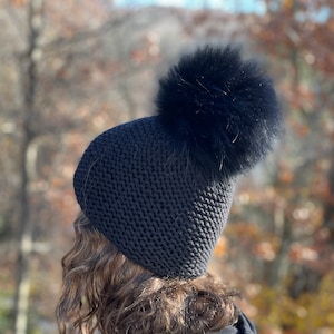 Black Chunky Beanie Fur Pompom Hat - 100% Wool Hat - Handmade Knitted Hat - Raccoon Pom Pom - READY TO SHIP - Women&#39;s/Kids Winter Hat
