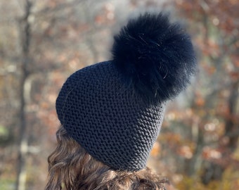 Black Chunky Beanie Hat with Faux Fur Pom Pom Handmade 