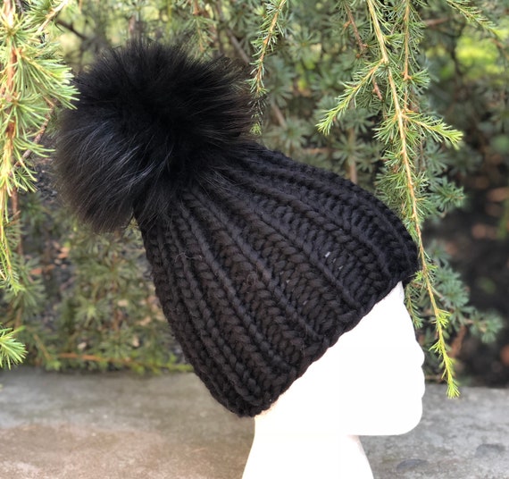 Black Chunky Ribbed Beanie Fur Pompom Hat - 100% Wool Hat  display picture 3