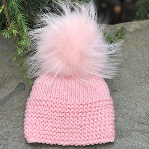 Kids Chunky Beanie Fur Pompom Hat - 100% Wool Hat - Handmade Knitted Hat - Raccoon Pom Pom - Women&#39;s  Winter Hat - 1-2 years old