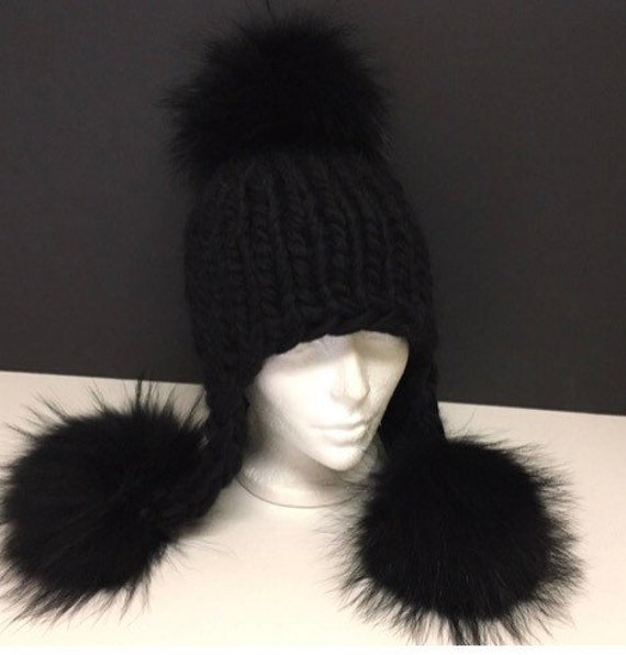 Ribbed Black Beanie Fur Pompom Hat 100% Wool Hat Handmade Knitted Fold Over  Hat Raccoon Pom Pom READY TO SHIP Women's Winter Hat 