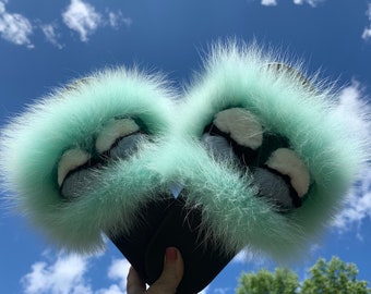 Fox Monster fur slides sandals slippers available in many colors - Light Mint - SIZE 6 , 7 , 8