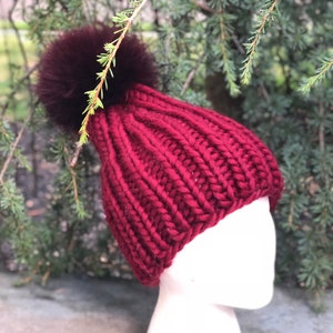 Winter Chunky Beanie Women&#39;s Wool Hat  - 100% Wool Hat - Handmade Ribbed Knitted Hat - Raccoon  Pom Pom - Gift