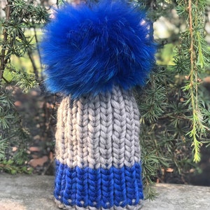 Kids ChunkyBeanie Fur Pompom  Wool Hat  - 100% Wool Hat - Handmade Ribbed Knitted Hat - Raccoon Pom Pom - READY TO SHIP - 3-5 years old