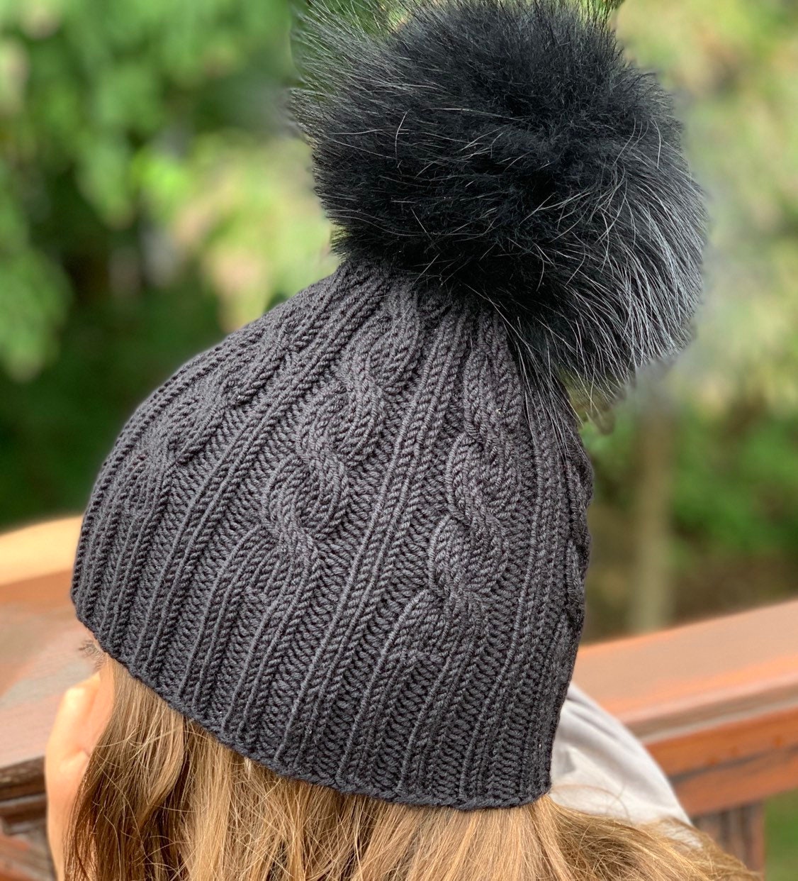 Ribbed Black Beanie Fur Pompom Hat 100% Wool Hat Handmade Knitted Fold Over  Hat Raccoon Pom Pom READY TO SHIP Women's Winter Hat 