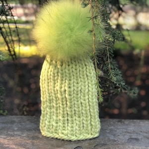 Kids ChunkyBeanie Fur Pompom  Wool Hat  - 100% Wool Hat - Handmade Ribbed Knitted Hat - Raccoon Pom Pom - READY TO SHIP - 3-5 years old